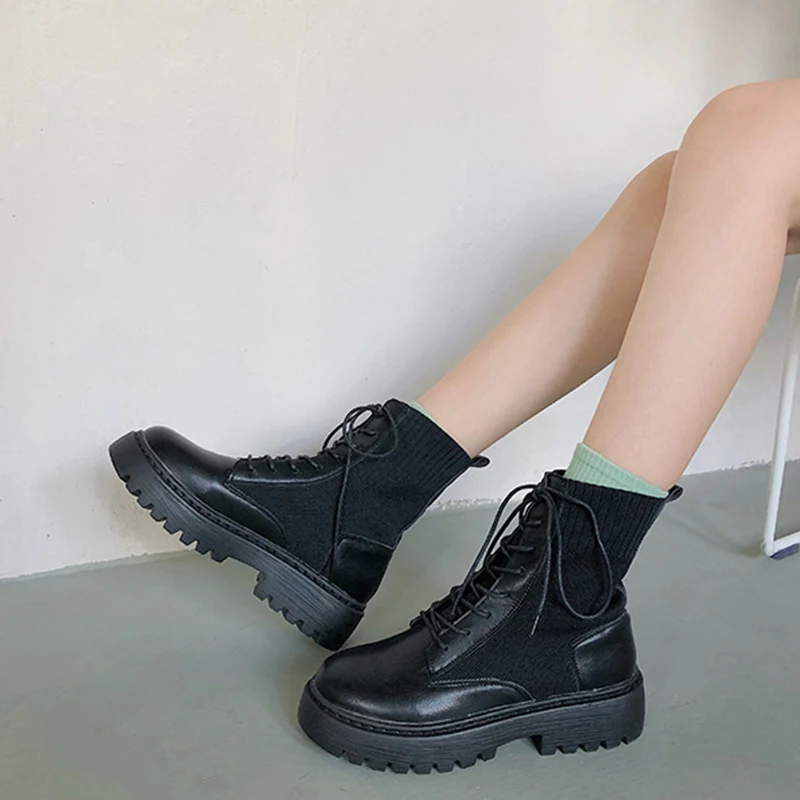 

Женские ботильоны на платформе, Осенние эластичные ботинки со шнуровкой, 2019