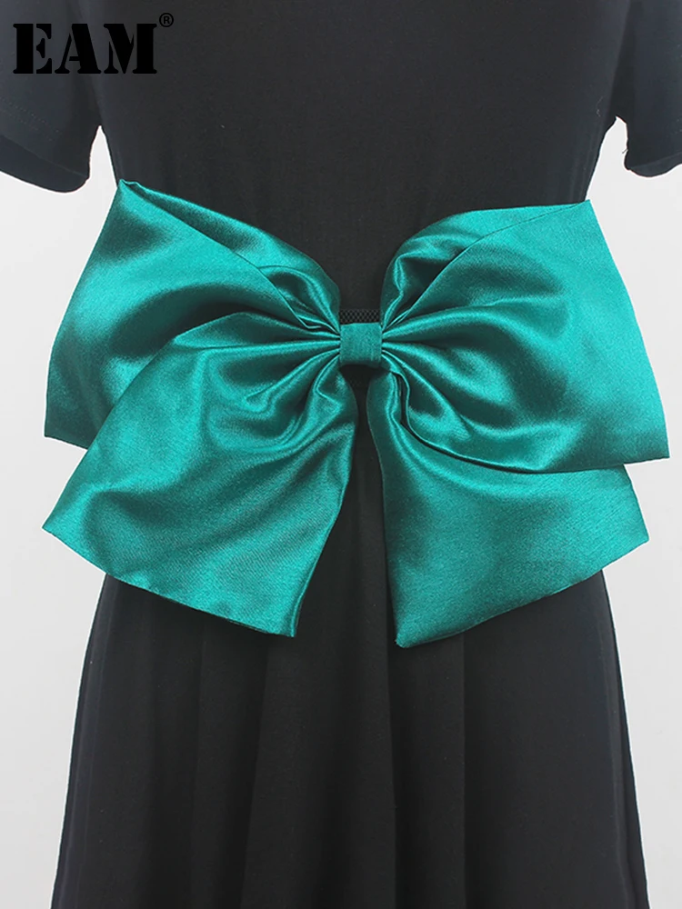 

[EAM] Big Bow Green Multicolor Elastic Wide Belt Personality Women New Fashion Tide All-match Spring Autumn 2023 1DE7003