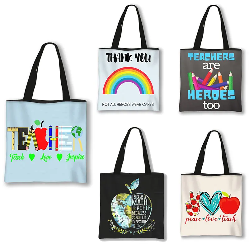 

Peace Love Teach Printing Handbag Women Rainbow Teacher Pattern Shoulder Bags Travel Totes Bag Large Capacity Shopping Bags Gift