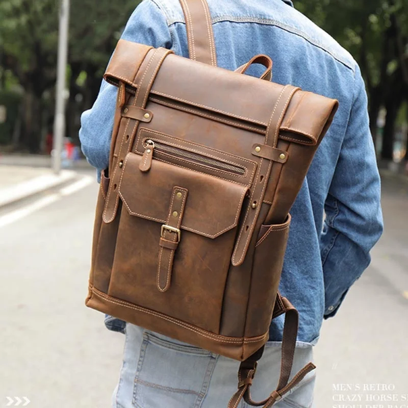 

Newsbirds Vintage Style Leather Backpack Travel Bag Backpack For Men Computer Backpack 16 Inch Anti Theft Male Backpack Cowksin