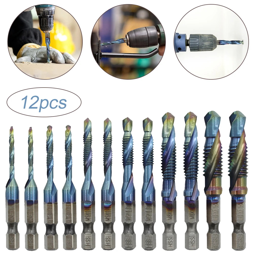 

12PCS Composite Hex Shank Tap Drill Bits Set Quick Change Impact HSS Driver Bit Set for Metal Steel Wood Plastic M3-M10 1/4"