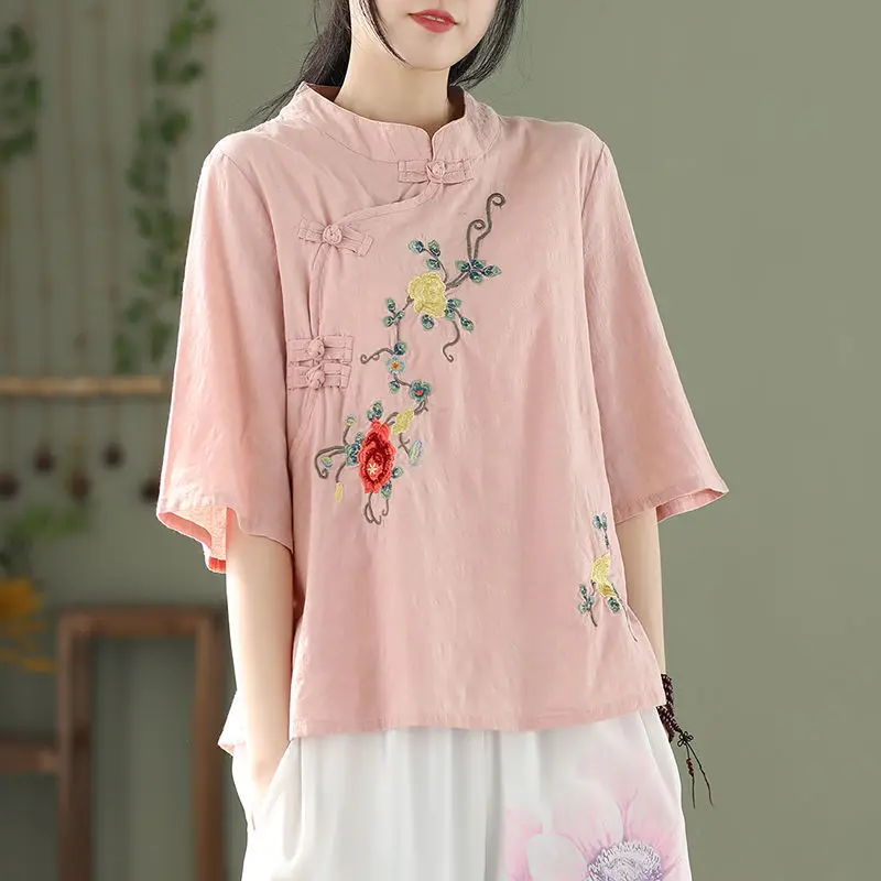 

Летние рубашки с вышивкой, Женская Китайская традиционная одежда, свободная блузка на пуговицах, костюм Тан, футболка с коротким рукавом ханьфу, дзен Топ