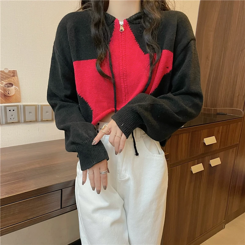 

Hikigawa Chic Fashion Women Stars Contrast Color Short Knitted Coats Early Autumn Hooded Sweater Zipper Cardigan Tops Ropa Mujer