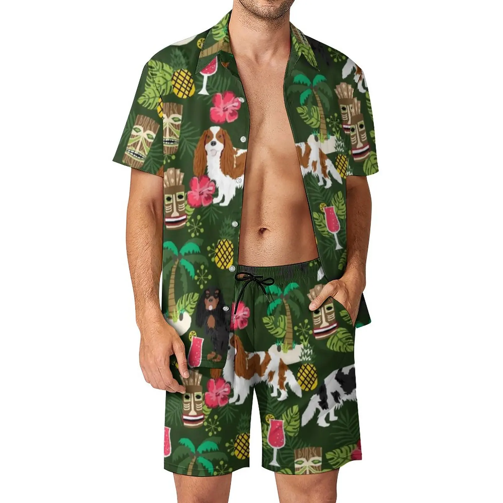 

Tropical Island Vacation Men Sets Spaniel Dog Hawaii Trendy Casual Shirt Set Short Sleeves Shorts Beachwear Suit Plus Size 3XL