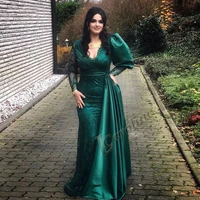 caroline royal green evening dress v neck long puff sleeves mermaid saudi arabia lace appliques prom gowns party custom made