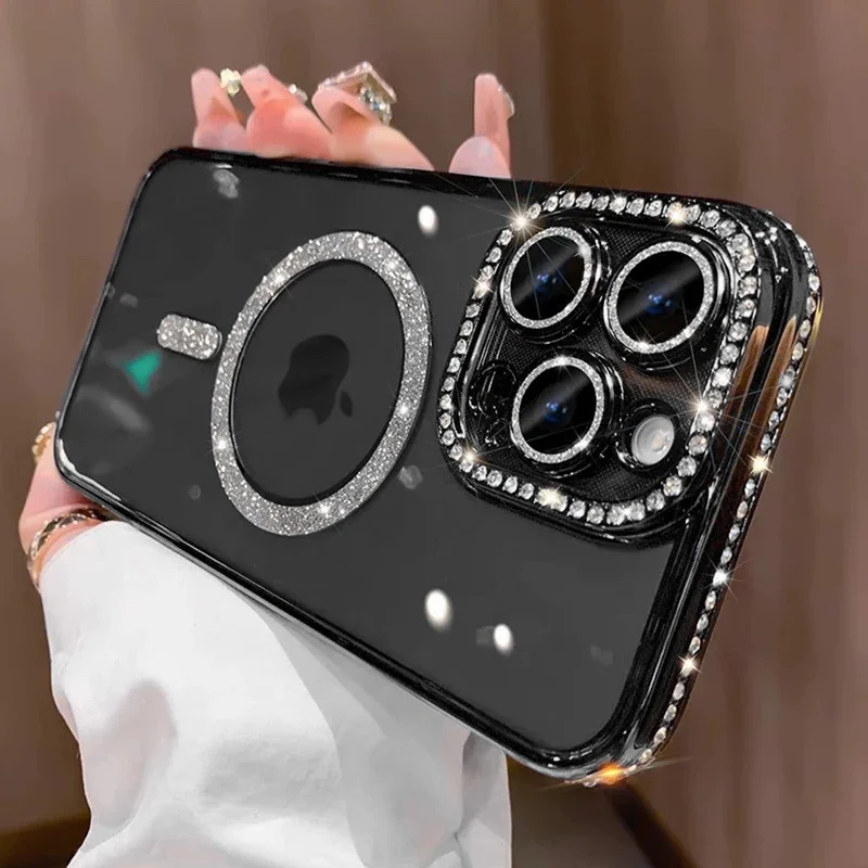 

Luxury Diamond Glitter Clear Plating For Magsafe Case For iPhone 15 14 Plus 13 12 11 Pro Max Magnetic Bumper Shockproof Cover