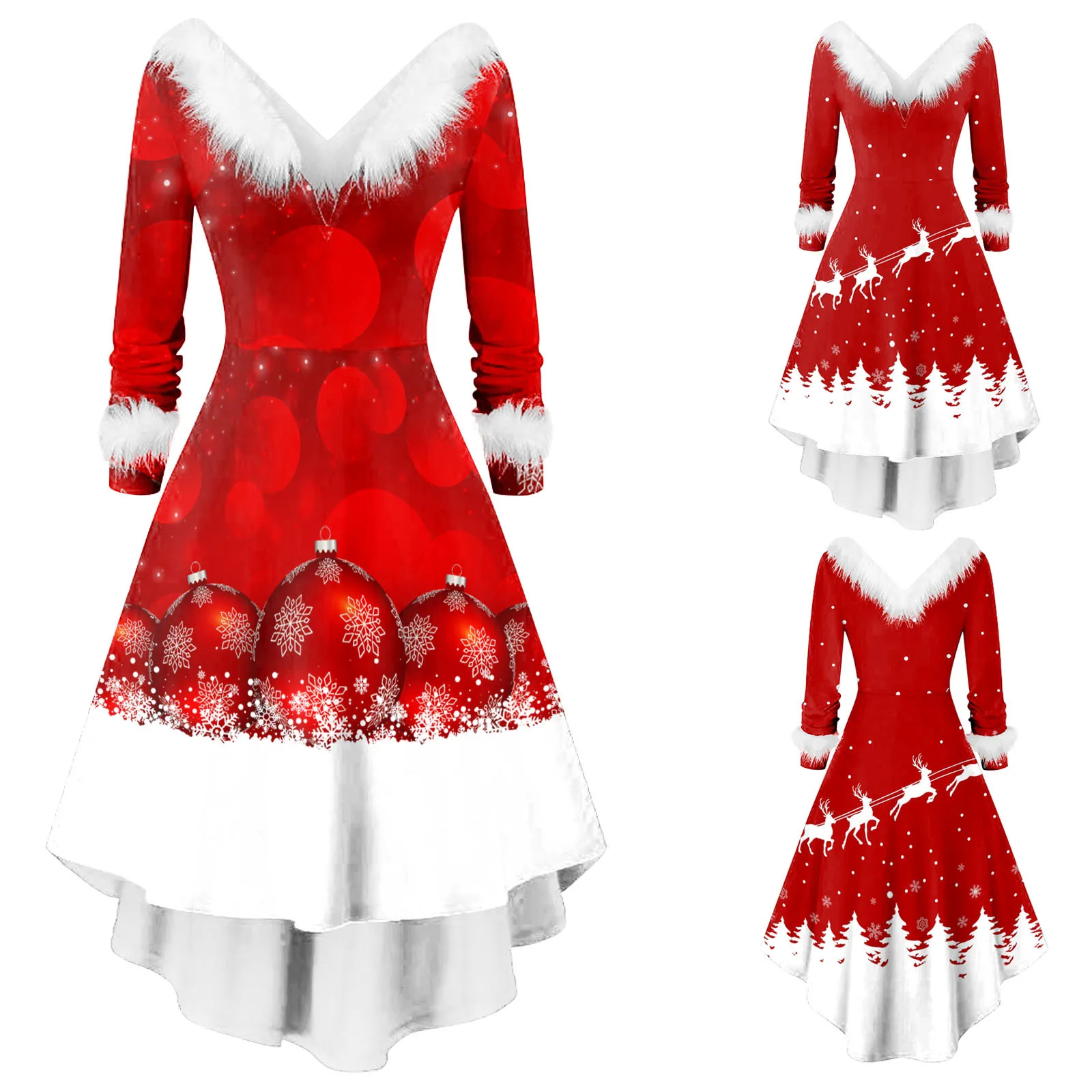 

Women Christmas Long Sleeve V Collar Asymmetrical Party Dress Xmas Snowflake Print Large Hem A-Line Midi Dress Mujer Robes