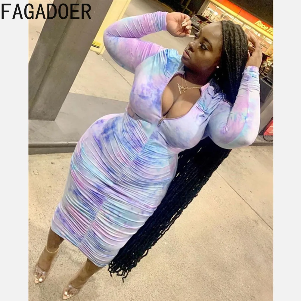 

FAGADOER Sxey Bodycon Zip Print Dresses Fashion Tie Dye Long Sleeve Slim Zipper Mid Dress Plus Size Women Clothing XL-4XL 2022