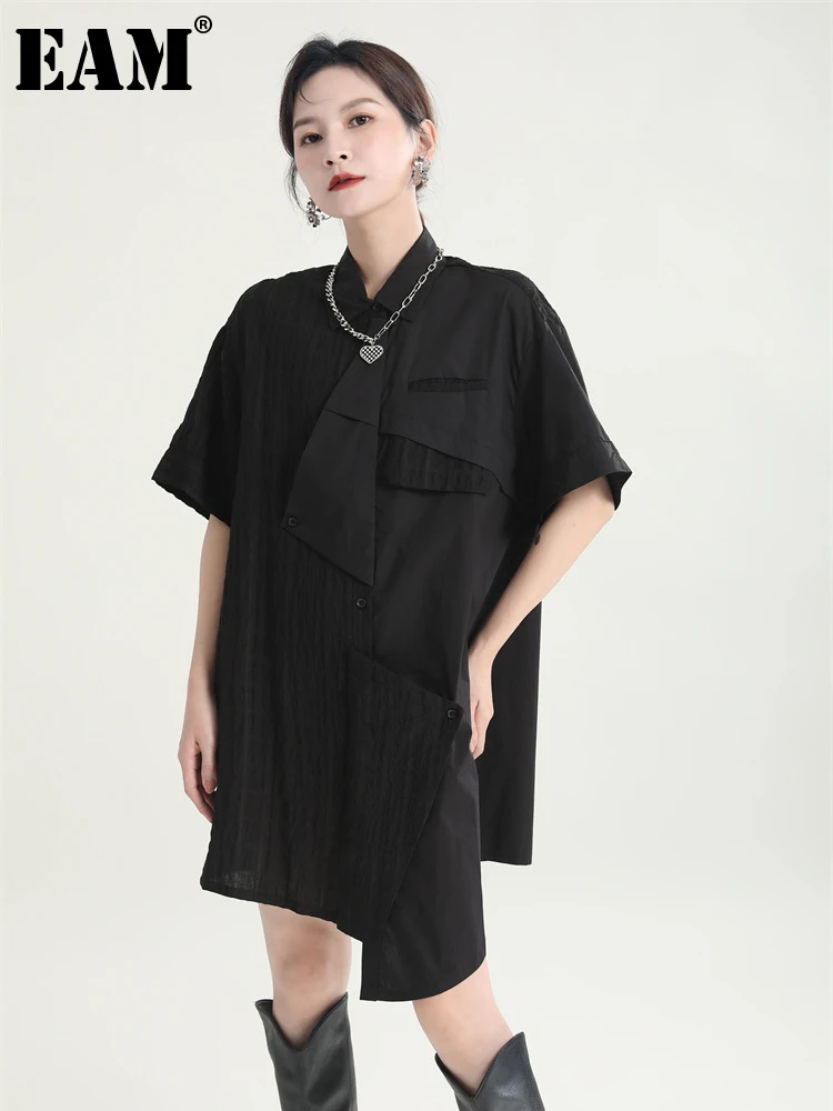 

Женское платье-рубашка EAM, черное асимметричное платье большого размера с отворотом, с рукавом до локтя, свободный крой, весна-лето 2023, 1DE7166