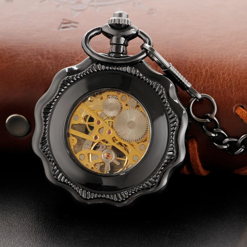 Black Petal Shaped Design Manual Gentleman Mechanical Pocket Watch Retro Men's Necklace Pendant Clock Women's Jewelry Gift