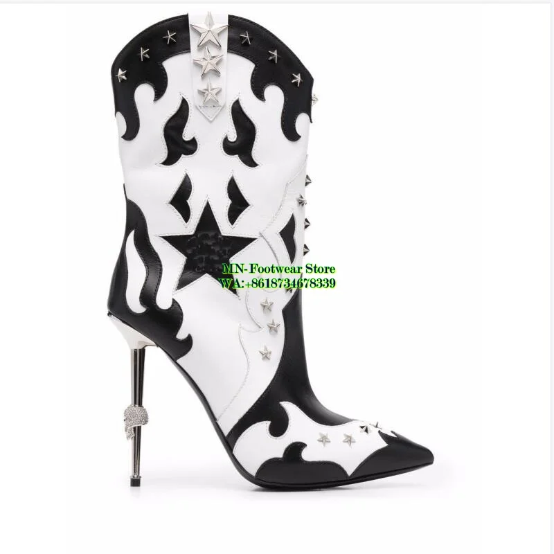 

2022 New Women Boots Cowboy Boots Star Revit Print Ankle Boots Stiletto Interior Zipper Leather Black Pink Western Boots 35-43