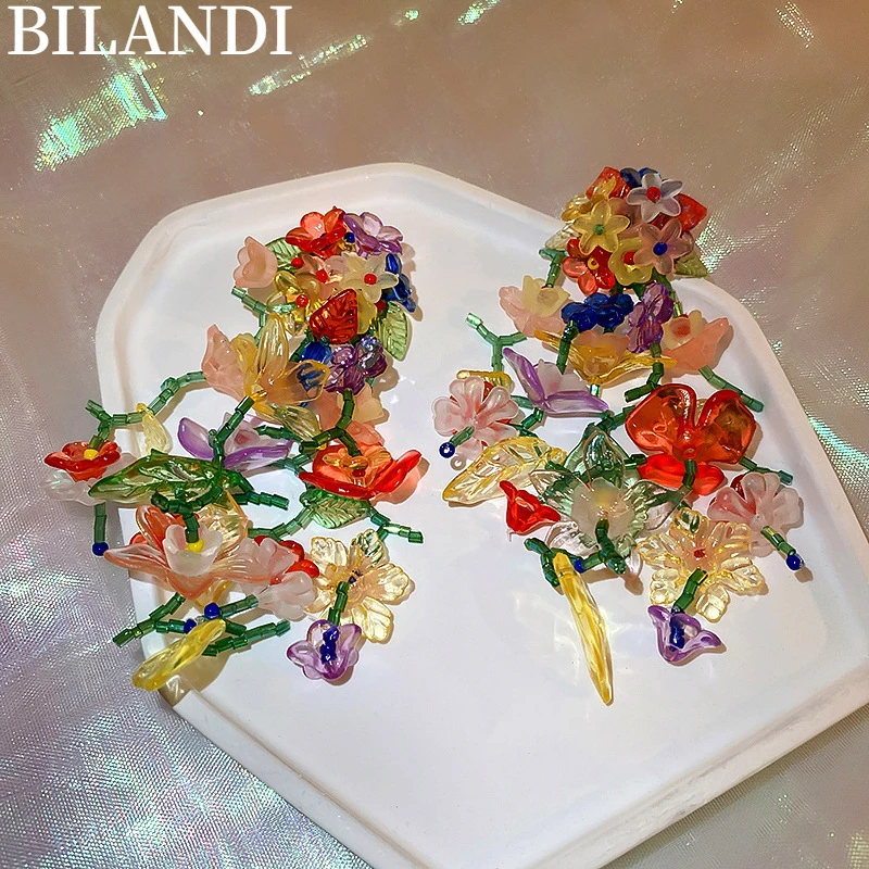 

Bilandi S925 needle Delicate Jewelry Flower Earrings Sweet Design Colourful Resin Tassel Drop Earrings For Party Gifts