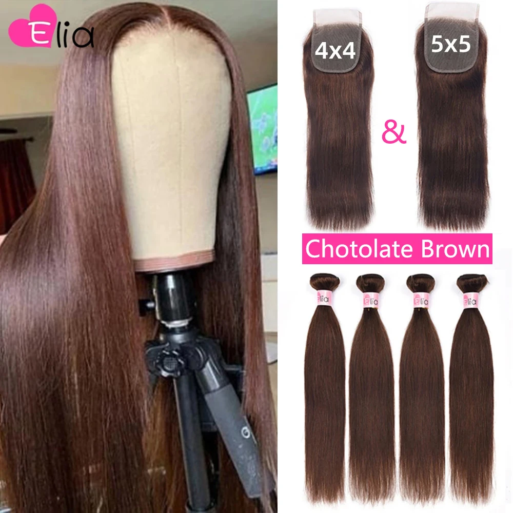 

Elia Hair Bundles With Closure 4x4 Lace Closure Brown Peruvian Straight Hair Extension Remy Hair Free Part 30 Inches
