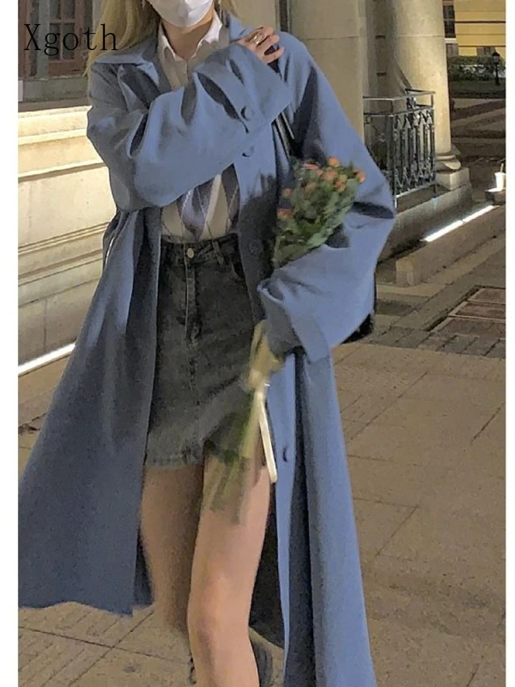 

Smog Blue Windbreaker Women 2022 Autumn New Korean High Street Loose All-match Medium Long Trench Coat Cool Girl Boyfriend Style