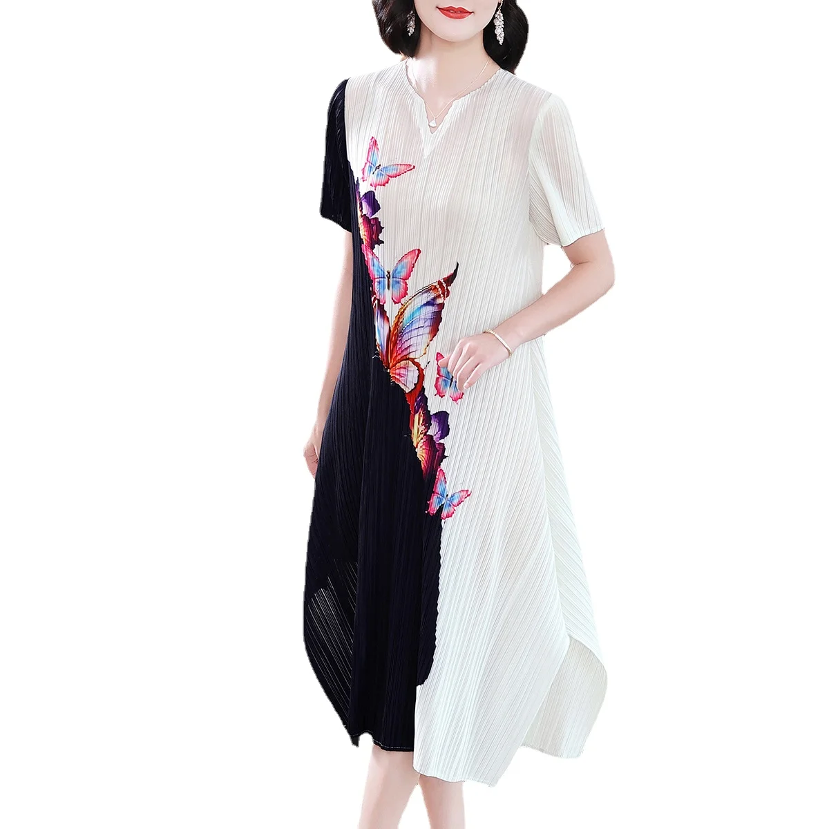 

Miyake Pleated Elegant Dresses for Women 2023 Summer New Fashion Print Loose Waist V-neck Short Sleeve Dresses 45-75kg Wearable