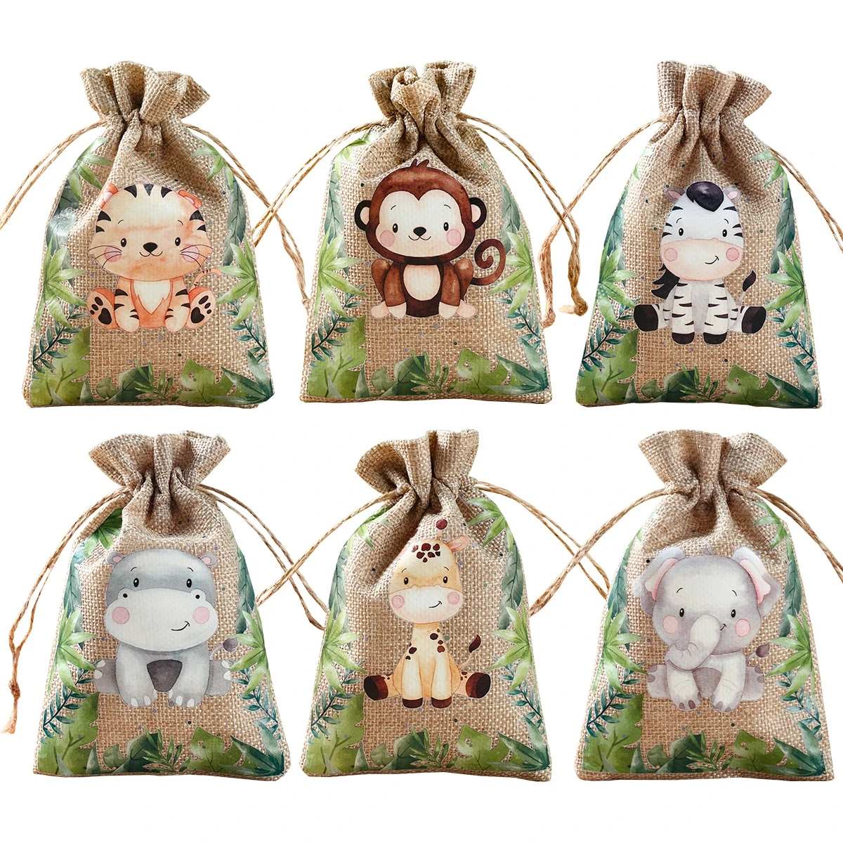 

Jungle Animals Candy Bags Wedding Party Safari Birthday Party Decoration Gift Box Jewelry Hessian Sack Pouches Packing Bags
