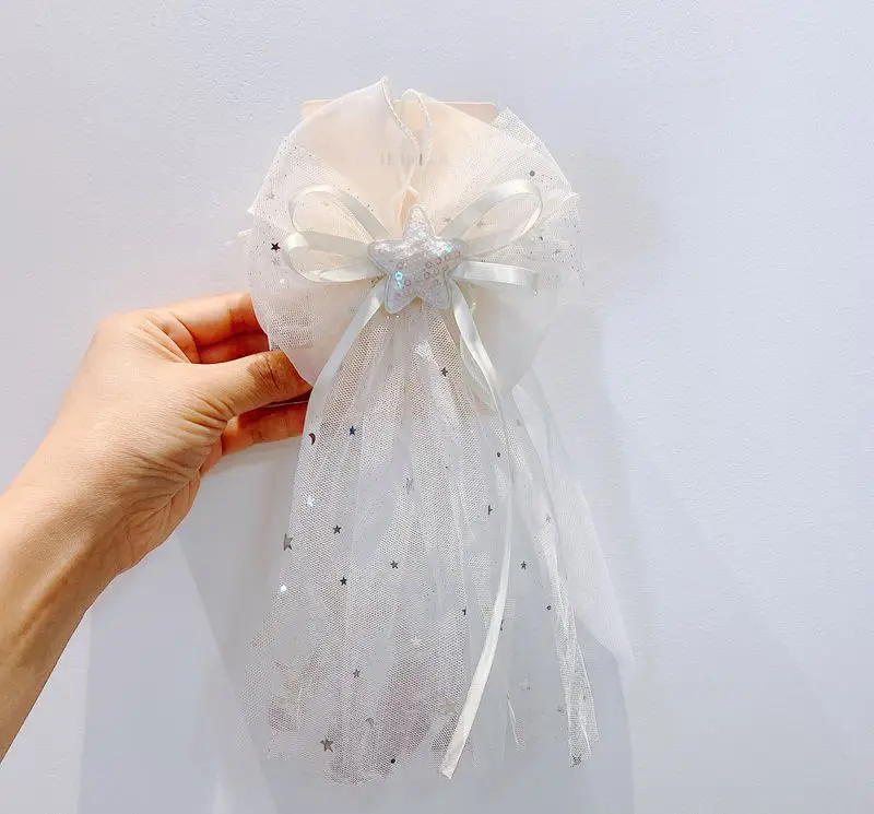 

New princess top clip wedding flower girl hair accessories gauze bow star net hair clip