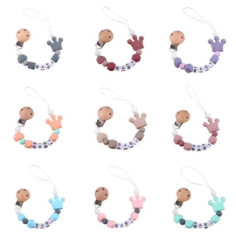 

Милый зажим для соски в виде короны для девочек, младенцев, деревянные силиконовые бусины с зажимом, цепочка, игрушка для прорезывания зубов...