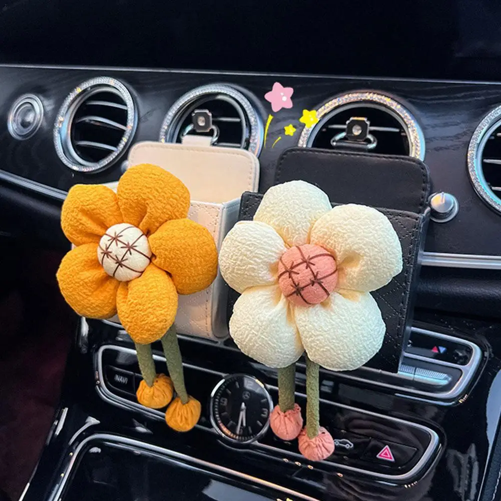 

2023 New PU Leather Car Outlet Air Auto Vent Trash Box Auto Mobile Phone Holder for Supplies Car Cute Flower Styling Bag Pouch