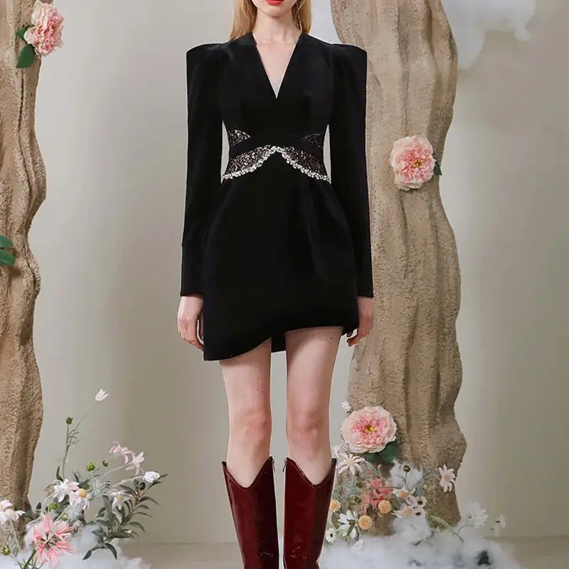 

Зимнее Дизайнерское черное бархатное платье-блейзер, женское элегантное роскошное платье-Блейзер со стразами и блестками, модель Q634