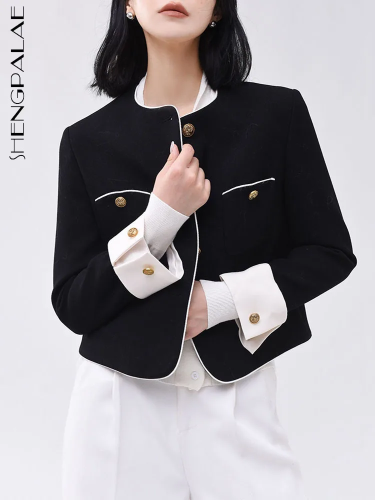 

SHENGPALAE Worsted Wool Women Coat Fashio Contrast Color Patchwork Single Breasted High End Short Jacket Autumn 2023 New 5R5632