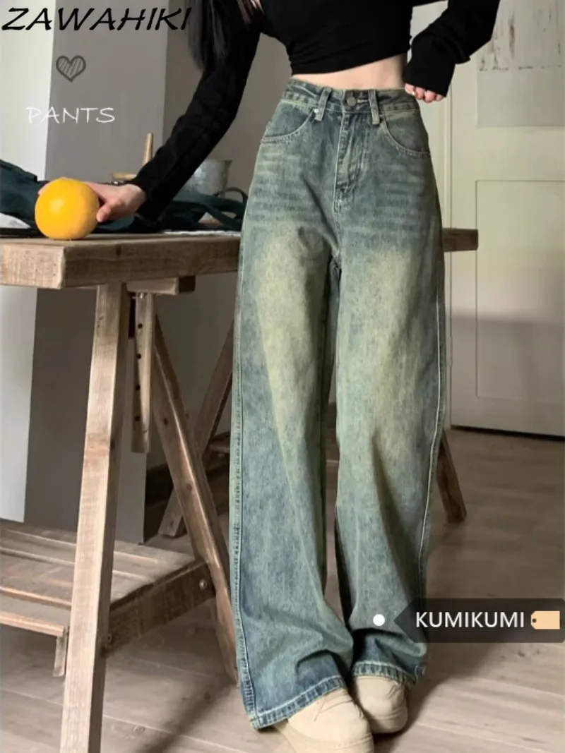 

Женские свободные джинсы в стиле ретро, винтажные темно-синие повседневные джинсовые брюки в стиле High Street с высокой талией и широкими штанинами, осень