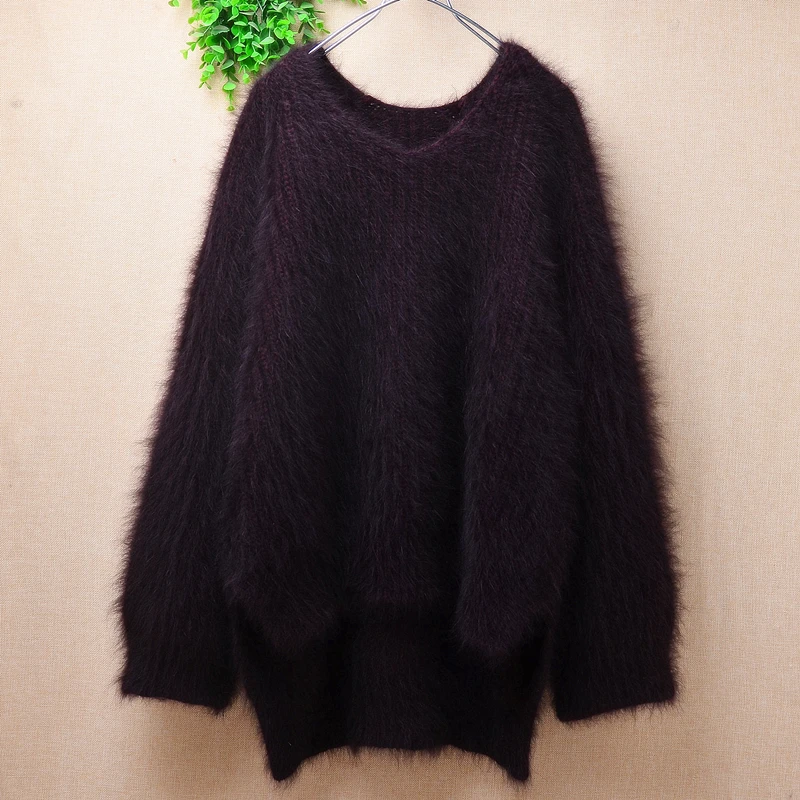 

female women fall winter thick warm hairy mink cashmere knitted v-neck split loose pullover angora fur jumper sweater pull tops