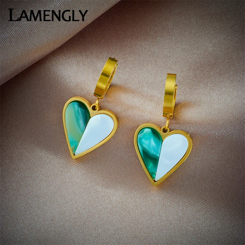 

LAMENGLY 316L Stainless Steel Heart Shaped Green White Stone Pendant Earrings For Women New Fashion Girls Jewelry Birthday Gifts