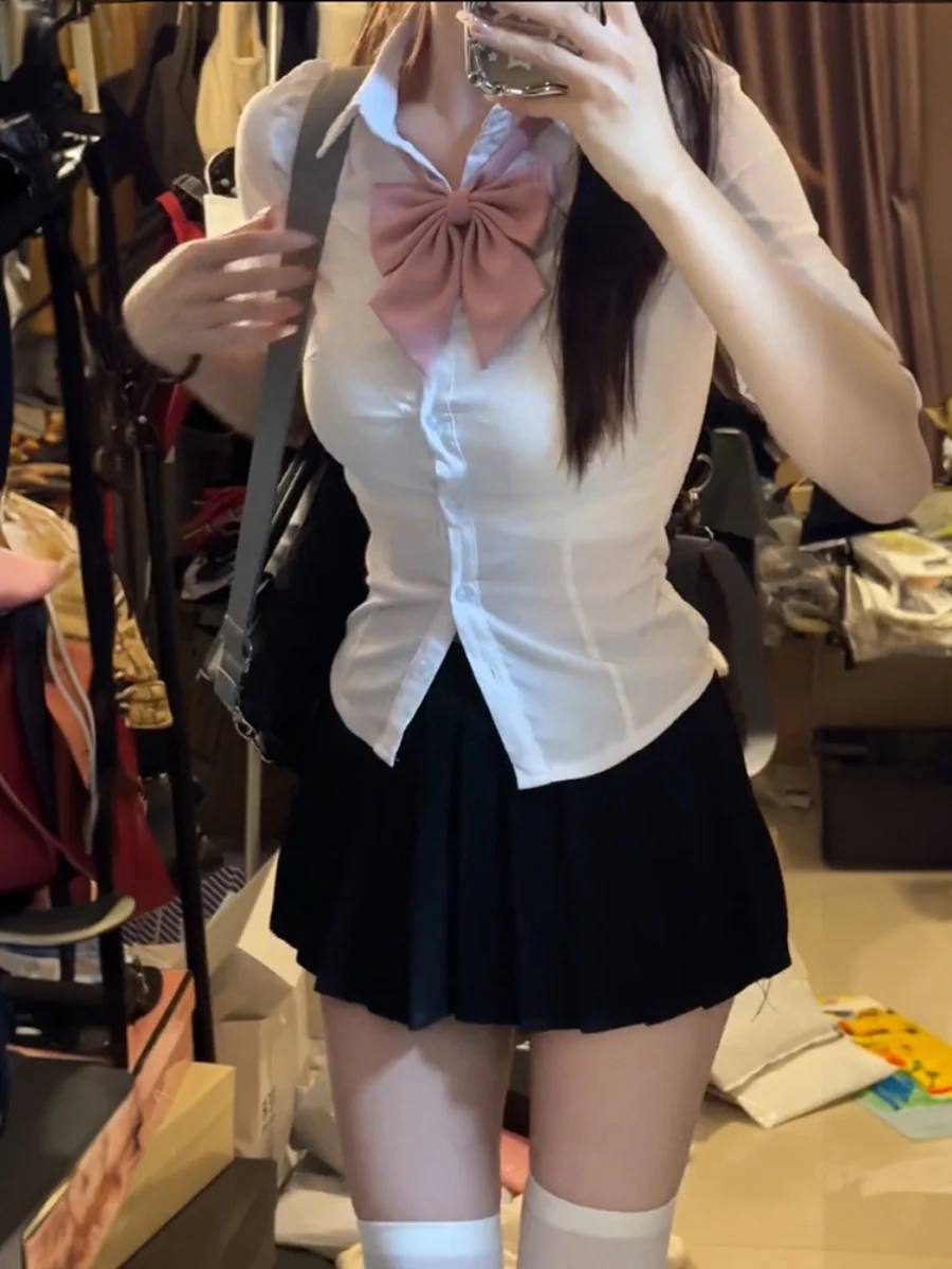 Waist Hugging Shirts Short sleeve Pure Desire Preppy Set Summer White Shirt Jk Uniform Women Short Man Top