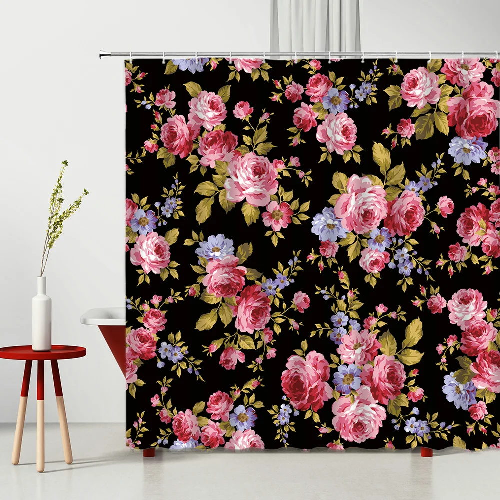 

Set Spring Bathroom Decor Waterproof Polyester Fabric Chinese Style Bathtub Decor With Hooks Flowers Shower Curtain