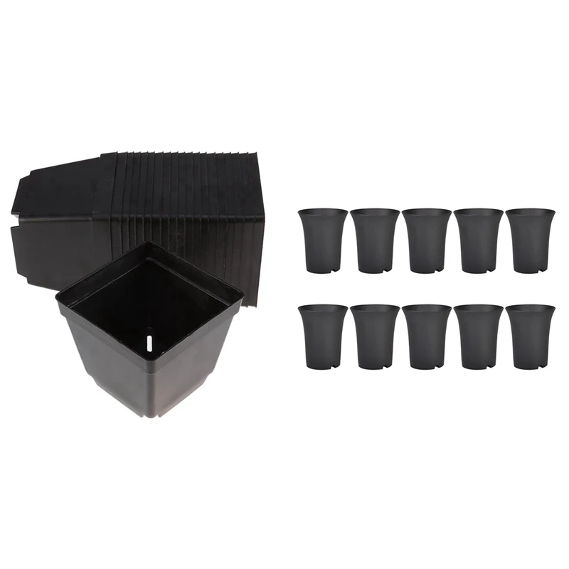

10Pcs Black Round Flower Pots High Waist Deep Pots & 30PCS Square Flower Pots Root Control Resin Plastic