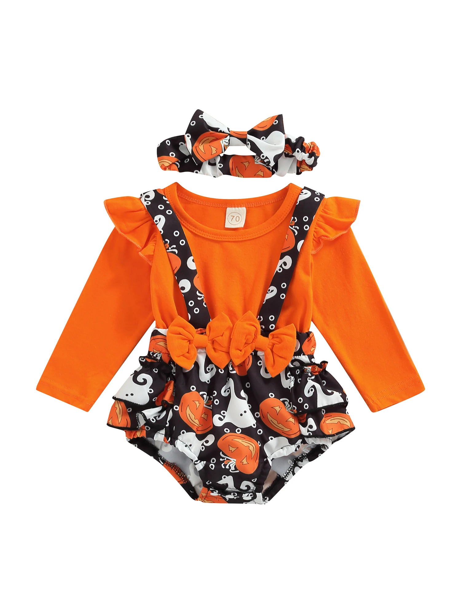 

Newborn Baby Girl Halloween Romper Patchwork Printed Round Neck Long Sleeve Bodysuits with Headband