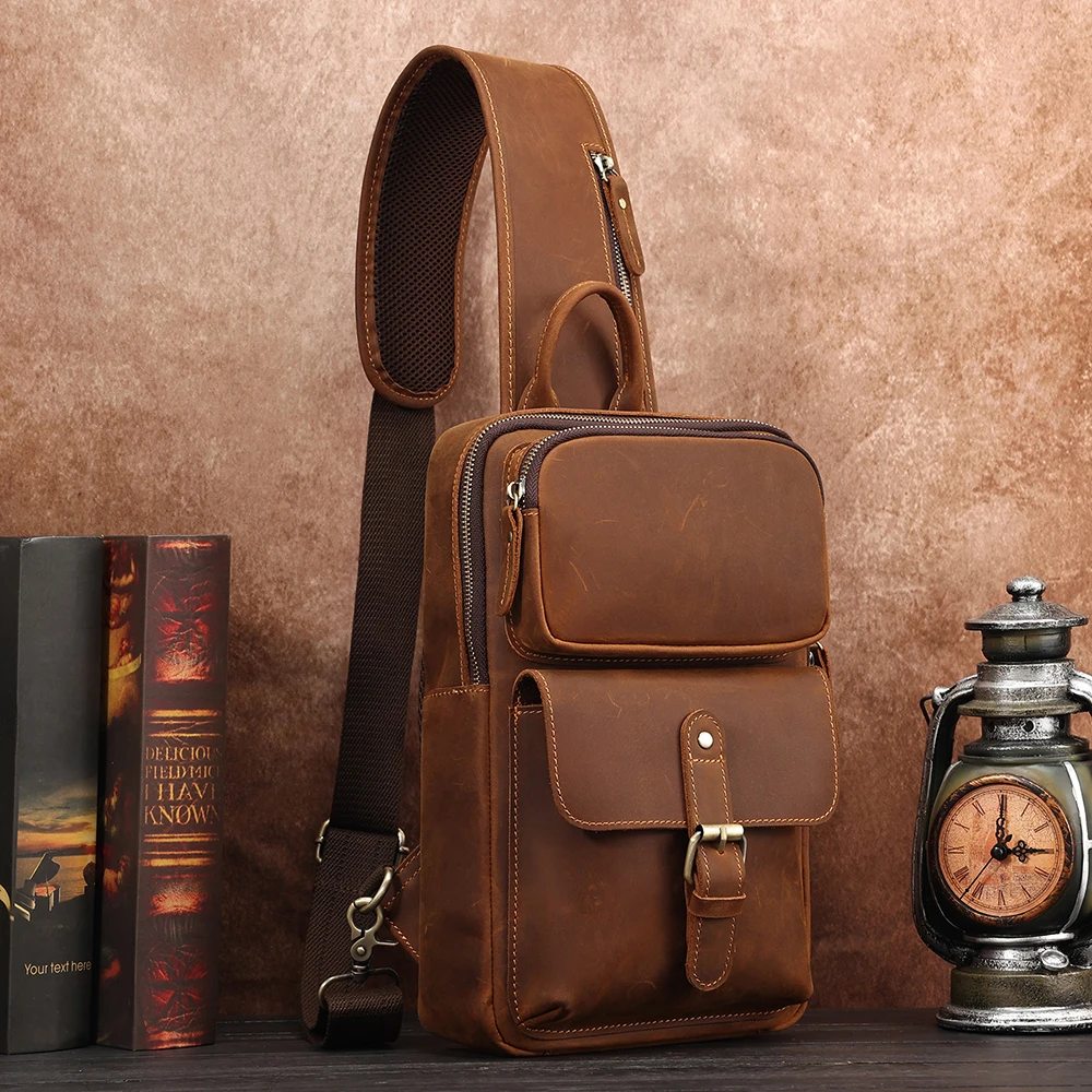 

Crazy Horse Leather Men's Chest Bag Retro Brand Designer Genuine Leather Messenger Bag One Shoulder Fashion Chest Bag for Man