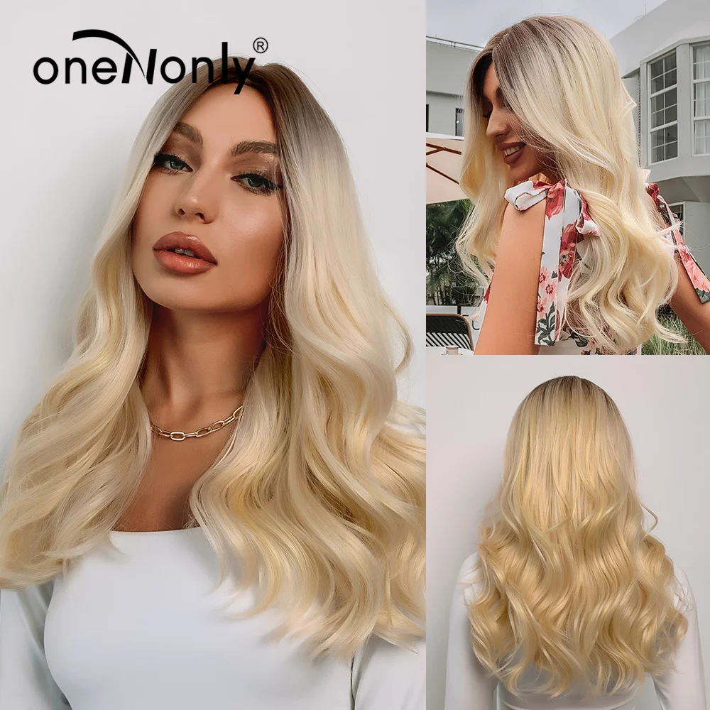 

oneNonly Brown Ombre Blonde Wig Long Wave Woman Wigs Natural Synthetic Wig Heat Resistant Fiber Hair