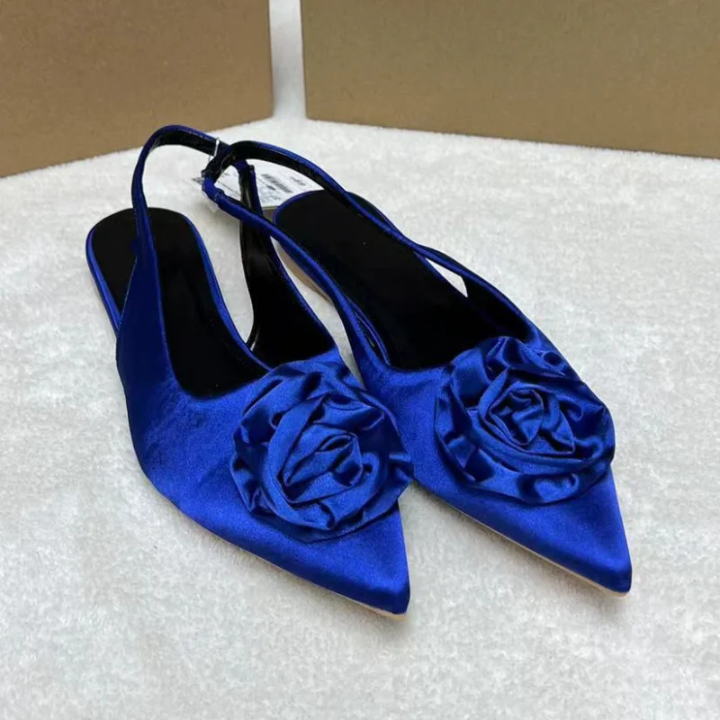 Flower Women Shoes for Party Retro Silk Flat Bottom Pointed Toe Fashion Slip-on Female Footwear 2023 Summer Ladies Sandals