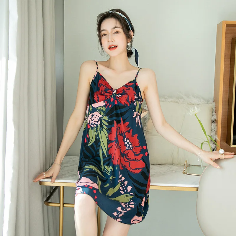Fdfklak Korean Thin Print Floral Women Nightdress Summer Sleeveelss Sleepwear Ladies Sling Hot Lingerie Night Dress