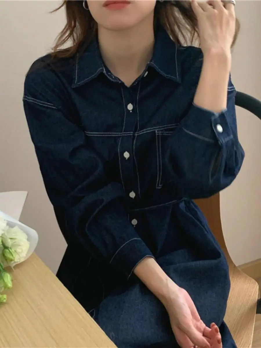 Real Shot 2024 осенне-зимнее новое корейское свободное джинсовое платье со шнуровкой и