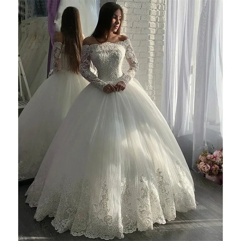 

VENSANAC Ball Gown Off the Shoulder Wedding Dress Boat Neck Illusion Lace Appliques Long Sleeve Bridal Gowns