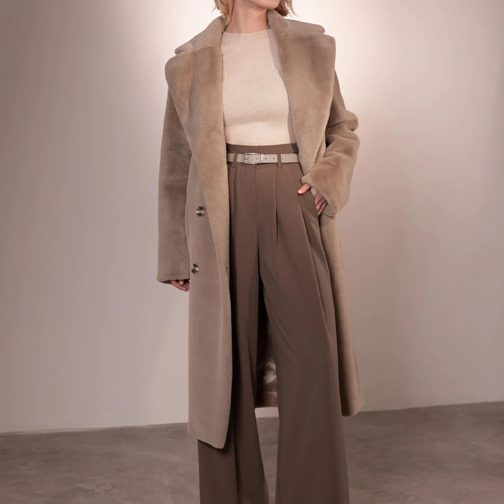 2022 Autumn Winter Fashion Warm Imitation Rabbit Fur Coat Elegant Temperament Double-breasted Belt Mid-length Womens Jacket