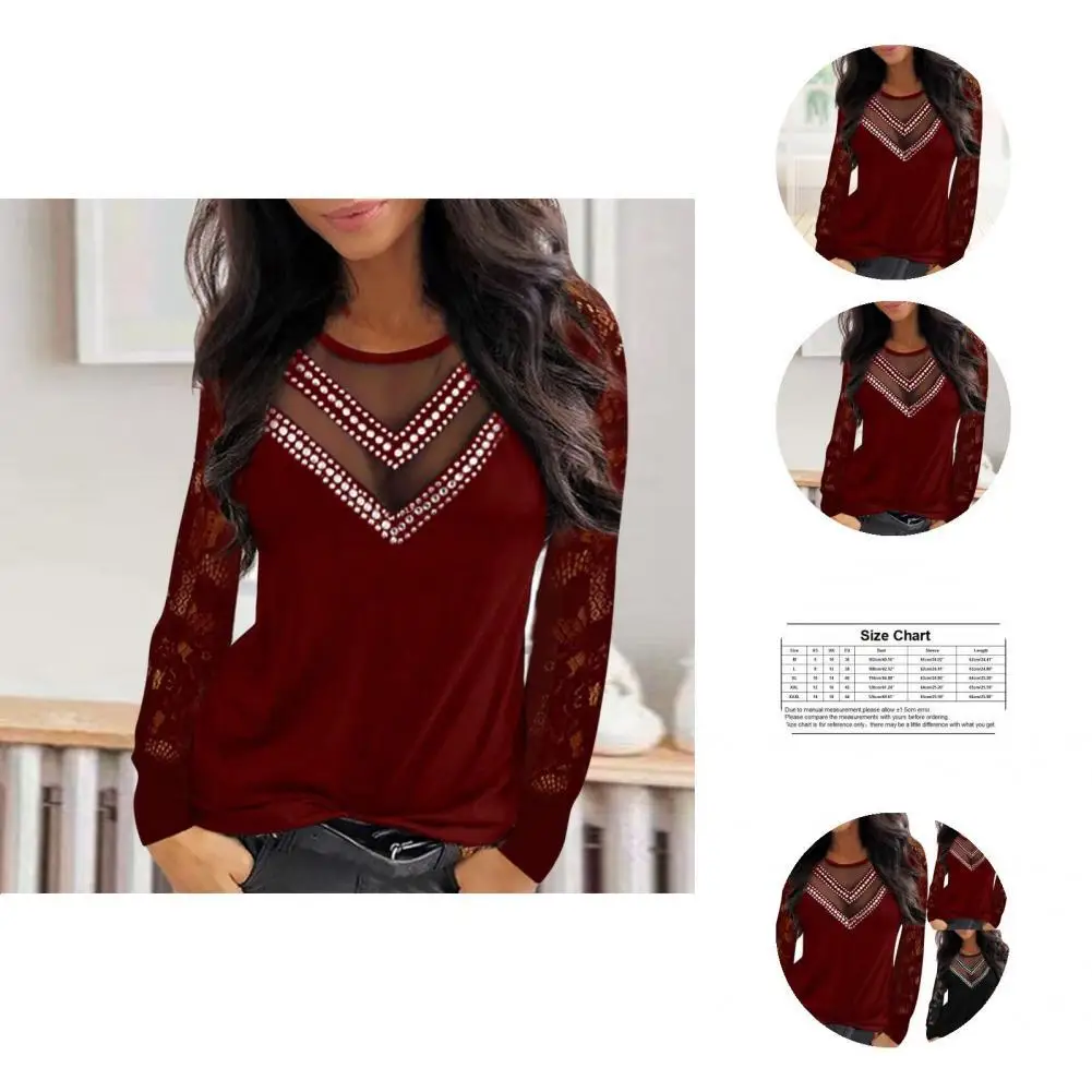 

Terrific Women Top Pullover Women Shirt Rhinestone See-through Colorfast Women Shirt