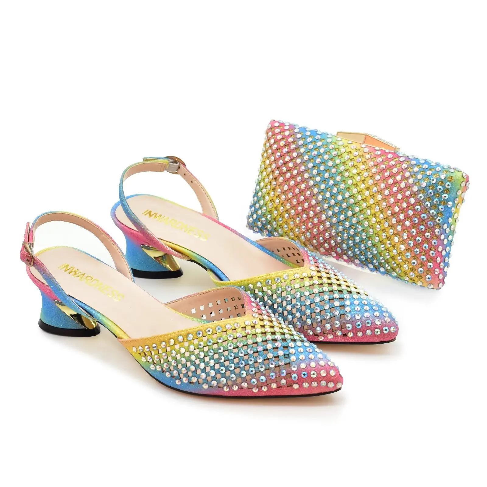 

Italian Design Fashion Shiny Color High Heels Nigerian Bow Crystal Pointed Sandals Wedding Party Elegant Women's Shoe Bag Set