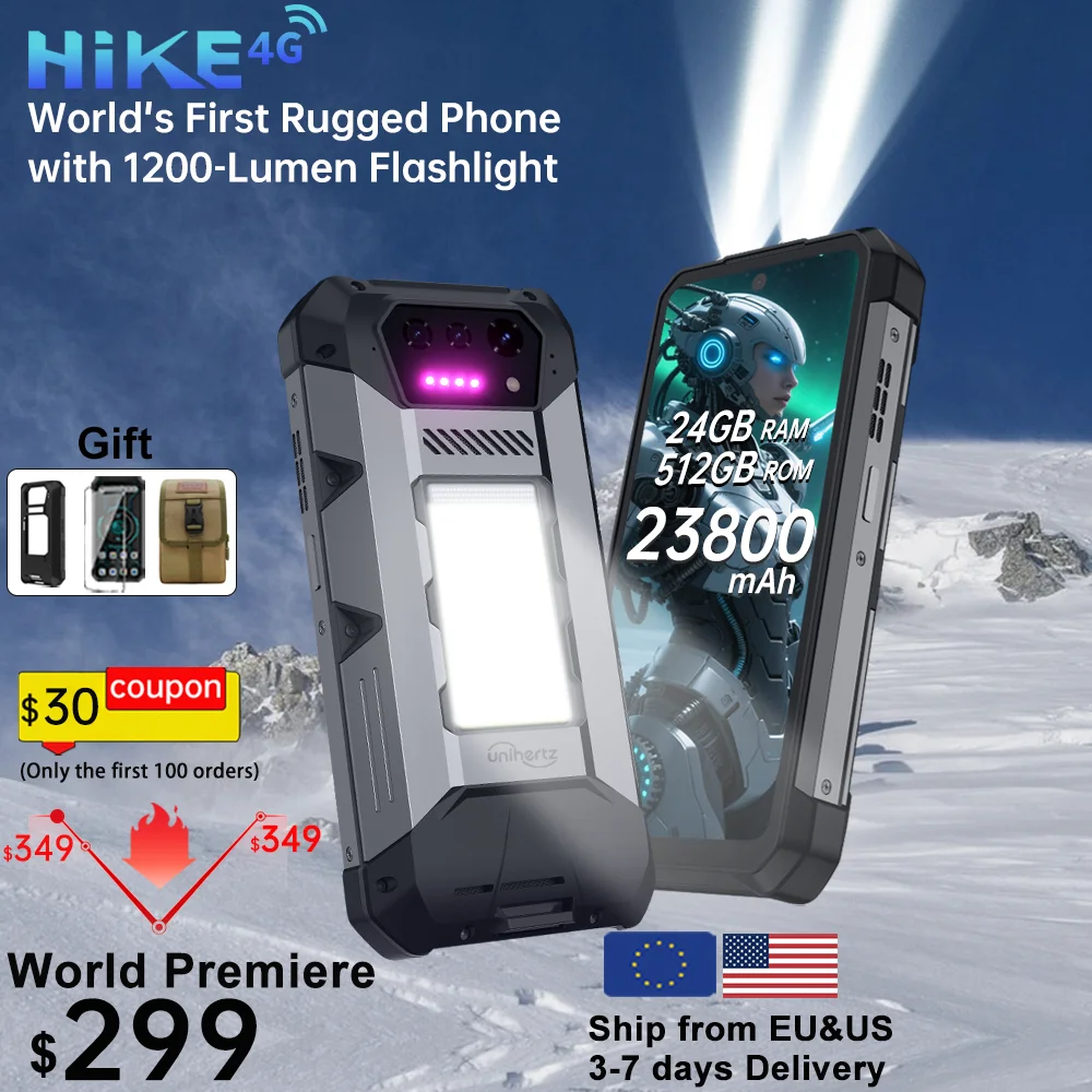 Фото Прочный смартфон Unihertz Hike 8849, Android 14 с 1200 люмен, 200 метров, фонарик, 23800 мАч, 12 ГБ + 512 ГБ, процессор G200, двойной динамик №1
