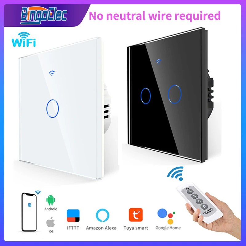 

Умный сенсорный выключатель Bingoelec RF433, без нейтрального провода, работает с Tuya Google Home, переключатели Wi-Fi для умного дома на 1/2/3 клавиши