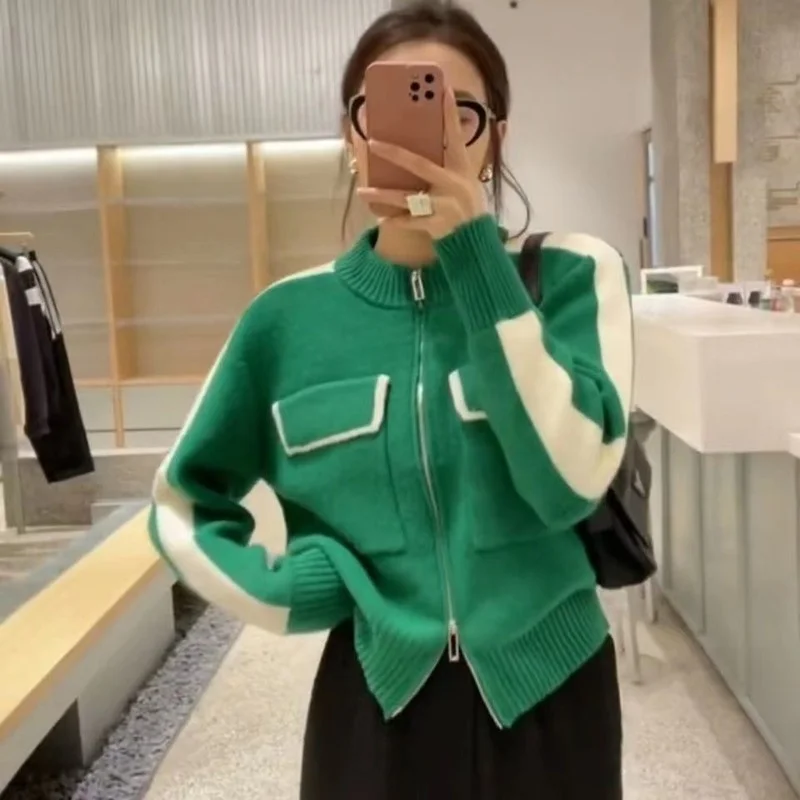 

Lady Sweater Autumn and Winter Pocket Zipper Color Block Knitted Top Women's New Fashion All-match Coat Female Casual