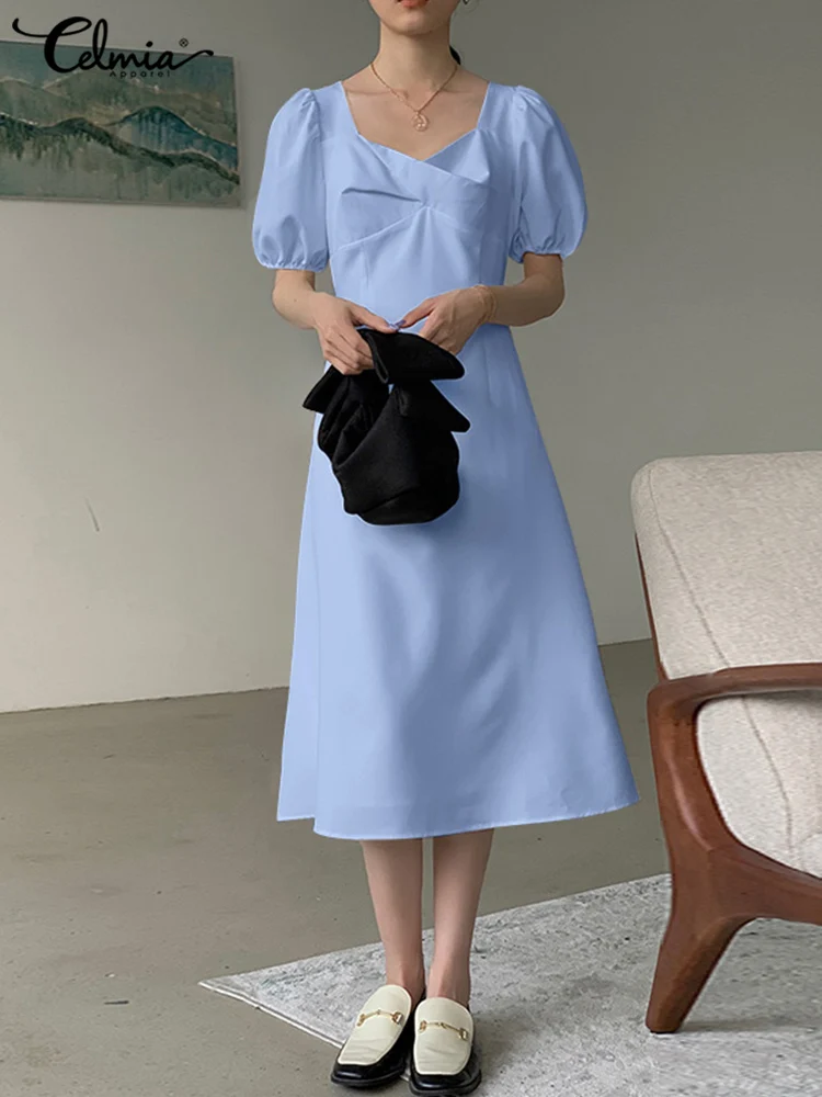 

Женское элегантное однотонное милое платье макси Celmia с квадратным вырезом, Повседневное платье с коротким пышным рукавом, летний сарафан с ...