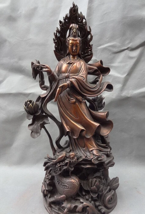 

43cm 18inch China Pure Bronze Buddhist Lotus GuanYin Kwan-Yin Buddha Ride Dragon Statue