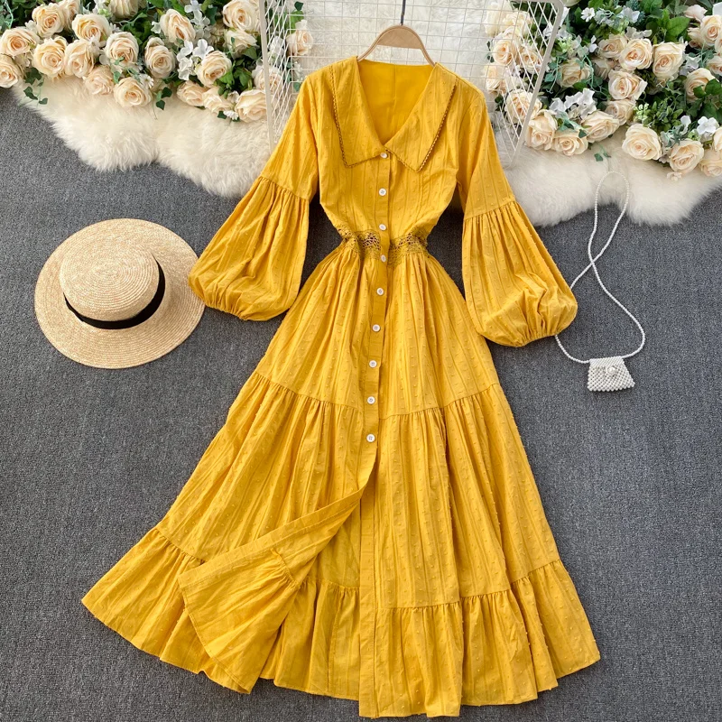 

Женское винтажное кружевное ажурное длинное платье, Элегантное однобортное Платье макси с отложным воротником, оранжевое/красное платье, н...