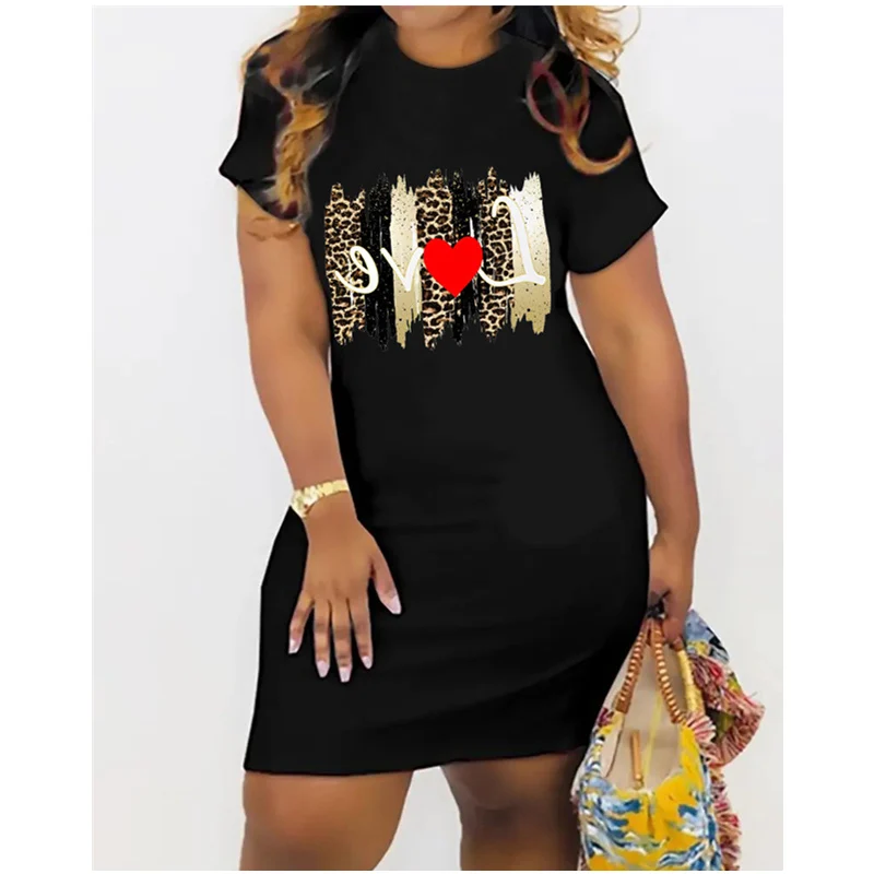 Women Casual O Neck Bodycon Dress Streetwear Women Elegant Fashion Leopard Love Heart Print Short Sleeve Casual Loose Tee Dress