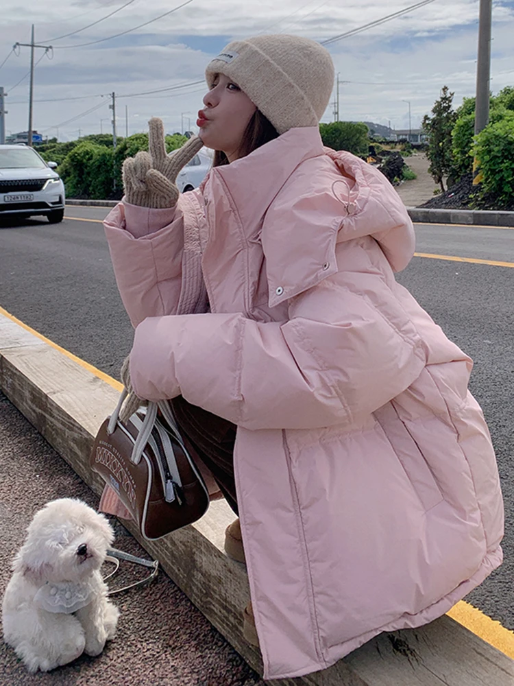 Женский короткий пуховик розовый в Корейском стиле свободный зимнее плотное