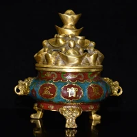 6 tibetan temple collection old bronze cloisonne treasure bowl ingots animal head binaural incense burner gather fortune
